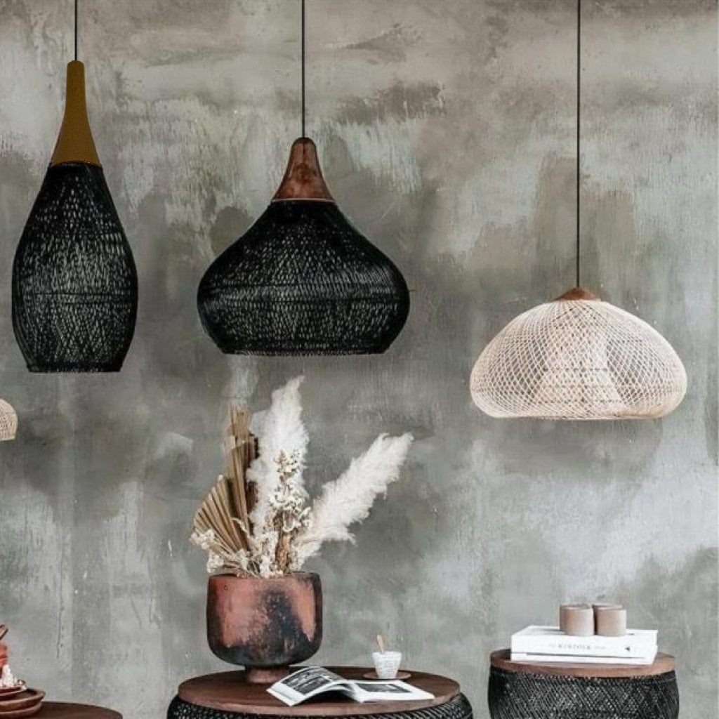 Rattan chandelier over a dining table